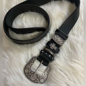 Black Leather Belt with Silver Bling Buckle S L